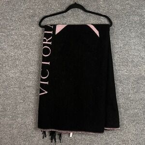 NEW Victoria Secret Black Pink Logo Heart Fringe Acrylic‎ Throw One Size